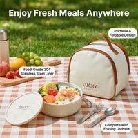 Foldable Bento Lunch Box, 620ml Single-Serving Snack Box with Cutlery, 304 Stainless Steel Food-Grade Compartments for Office & School, 15.5x4cm