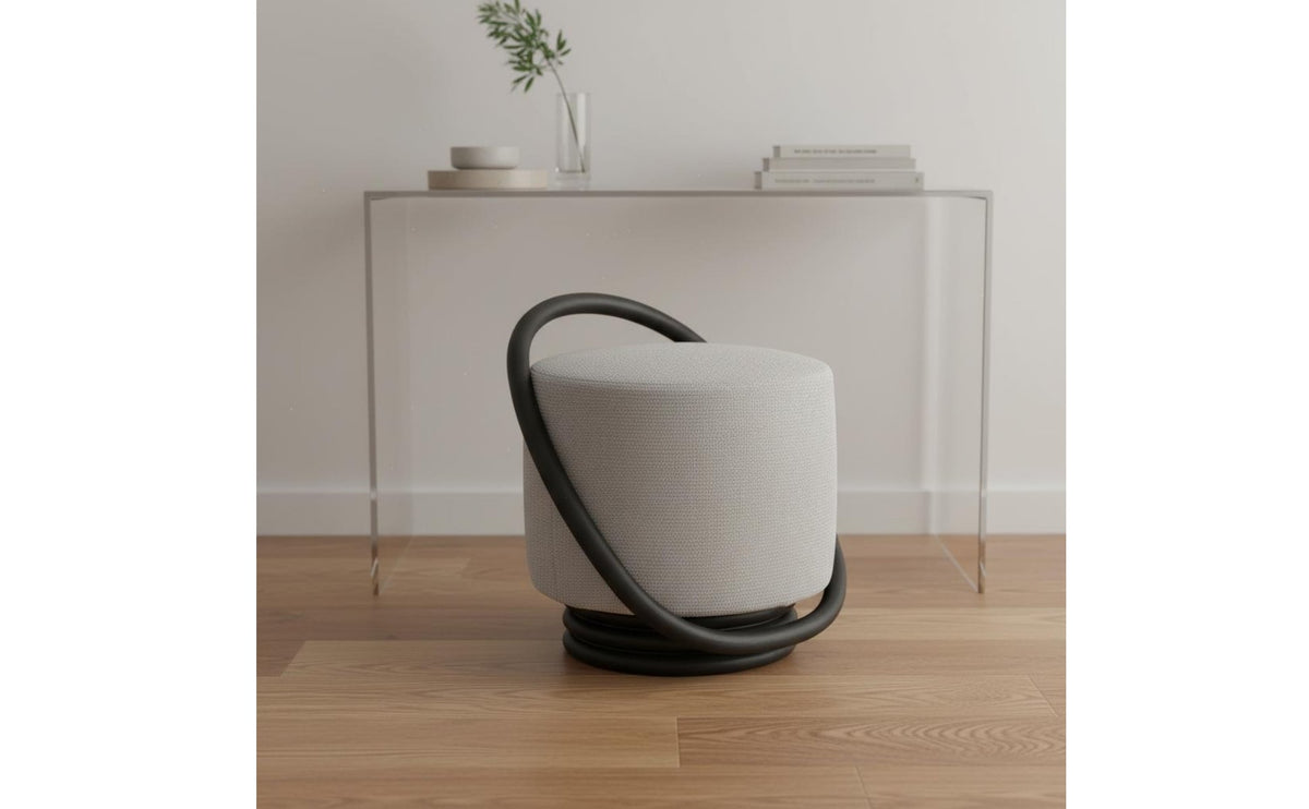 Round Upholstered Stool with Handle Solid Wood Frame Circular Ottoman with Wrap Handle Stackable Portable Low Stool for Living Room, Cloakroom