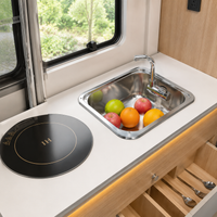RV Camper Sink with Lid Cutting Board 304 Stainless Steel Brushed Foldable Hot/Cold Faucet