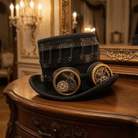 Bronze Accents Steampunk Top Hat Layered Brim Goggle Top Hat Braided Trim Headpiece Gears Decoration