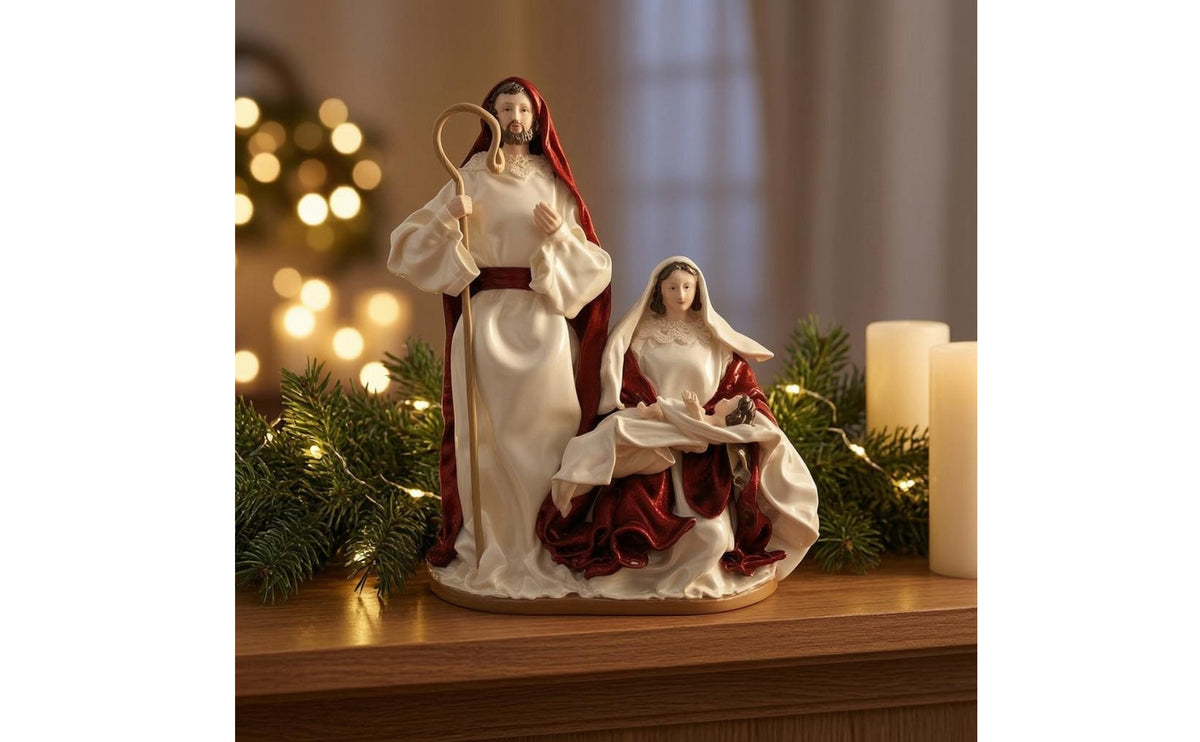 Ceramic Holy Family Scene Glossy Finish Nativity Scene Statue Draped Folds
