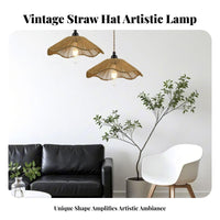 Straw Hat Pendant Shade Handwoven Japanese Rustic Aesthetic Light Shade Rustic Design Straw Rope Lampshade for Tea Room, Restaurant, Bar Counter