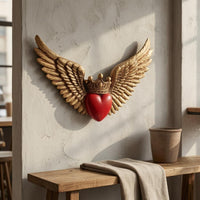 Antique-Style Heart Crown Decoration Gold-Tone Angel Wing Plaque Raised Feather Detail Heart Wing Wall Decor Ornate