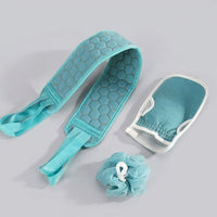 Bath Scrubber Set for Adults, Exfoliating Back Strap with Long Handles, Three Piece Kit with Mitt and Gloves, Textured Surface for