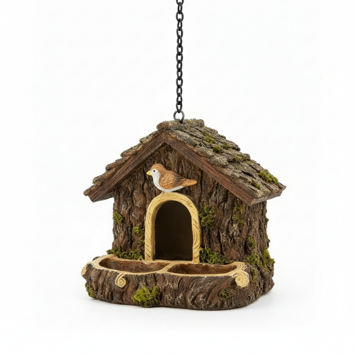 Wood-Bark Look Hanging Birdhouse Feeder Twin-Compartment Rustic Bird Feeder Arched Opening Wooden Birdhouse Pitched Roof for Tree, Outdoor Display