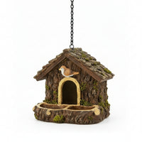 Wood-Bark Look Hanging Birdhouse Feeder Twin-Compartment Rustic Bird Feeder Arched Opening Wooden Birdhouse Pitched Roof for Tree, Outdoor Display