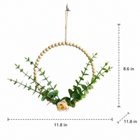 Wooden Bead Wreath Spring Door Wreath, Pastoral Decorative Wreath for Front Door, 22x30cm Bow Wreath with Artificial Flowers, Country House Style
