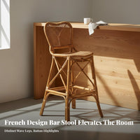 Solid Ash Wood Rattan Bar Stool Stable Structure French Design High Stool Vintage Casual Woven Back Counter Chair Space Saving for Cafe Owners, Homeowners, Interior Designers, Restaurant, Kitchen, Living Room