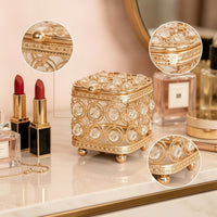 Gold-Tone Jewelry Box with Crystal Embellishments Decorative Jewelry Box with Crystals Ornate Glittering for Women, Vanity, Dresser, Bedside Table