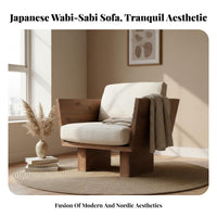 Wabi-Sabi Design Upholstered Wood Frame Sofa Japanese aesthetic 3-Seater Upholstered Settee Minimalist Aesthetic Couch Space-Saving for Apartment Dwellers, Homeowners, Guesthouse managers, Hotel Lobby, Lounge Area, Office, Bedroom