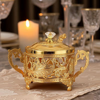 Ornate Condiment Jar with Spoon Gold-Tone Sugar Bowl with Lid Vintage Glass Condiment Pot with Metal Frame Elegant for Hosts