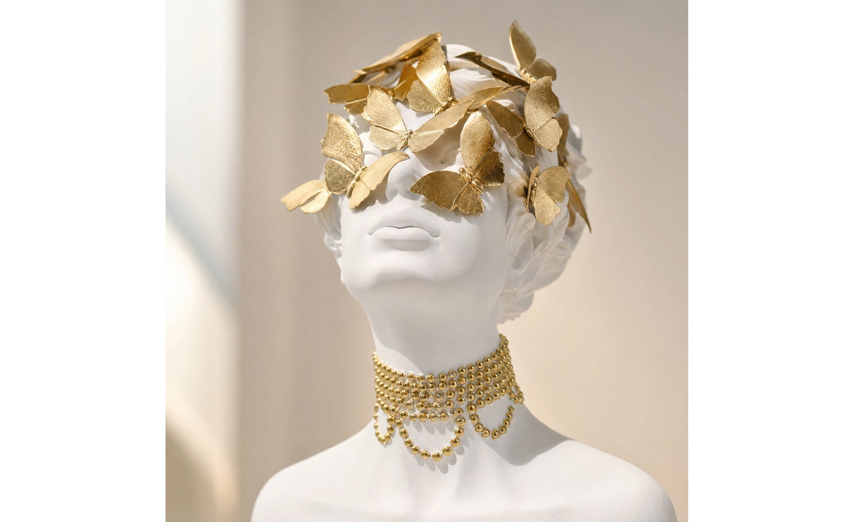 Bust with Butterfly Headpiece Resin Female Bust Sculpture Modern Tabletop Sculpture for Interior Designers, Art Collectors, Living Room, Bookshelf