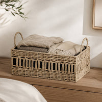 Braided Container Basket with Handles Rectangular Braided Straw Basket with Lining Stylish for Closet