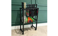 Wheeled Sports Storage Rack with Wheels Freestanding Racket Holder with Basket Large Capacity Sports Equipment Storage Rack Space-Saving for Coaches