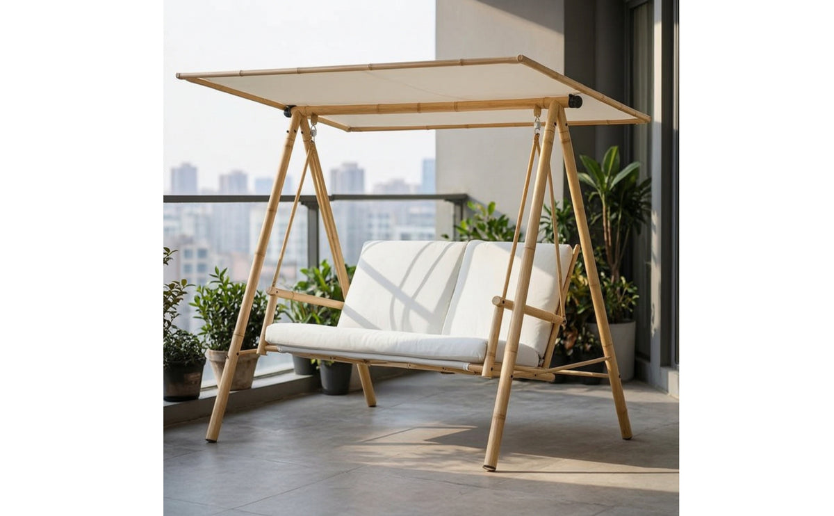 Outdoor Swing Chair with Canopy Bamboo-Style Patio Swing with Canopy Adjustable Furniture for Homeowners, Families, Garden, Backyard
