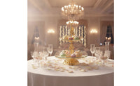 Double-Layer Fruit Stand with Glass Trays Gold-Tone 2-Tier Serving Stand European-Style Ornate for Hosts, Brides, Party, Wedding, Living Room