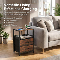 Bedside Table with Charging Station, End Table with 2 USB Ports and Power Outlets, Side Table with Drawers and Storage Shelves, Nightstand with Metal Frame for Living Room Bedroom