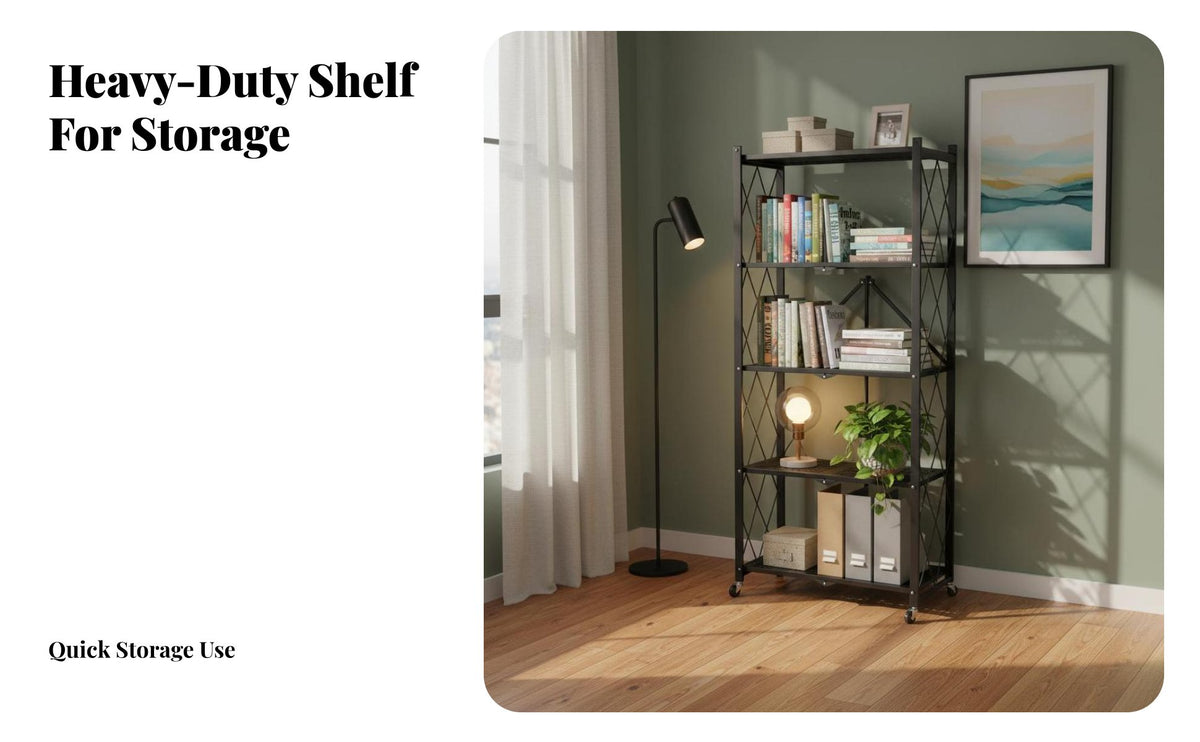 Foldable Storage Rack Installation Foldable Storage Shelf Carbon Steel Foldable Metal Trolley for Homeowners, Renters, Kitchen, Pantry, Garage