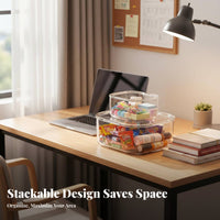 Multipurpose Clear Stackable Box with Lid Space Saving Stackable Lidded Container Large Capacity Desktop Organizer Long-Lasting for Home Organizers, Office Workers, Dorm Room, Bedroom, Bathroom, Kitchen
