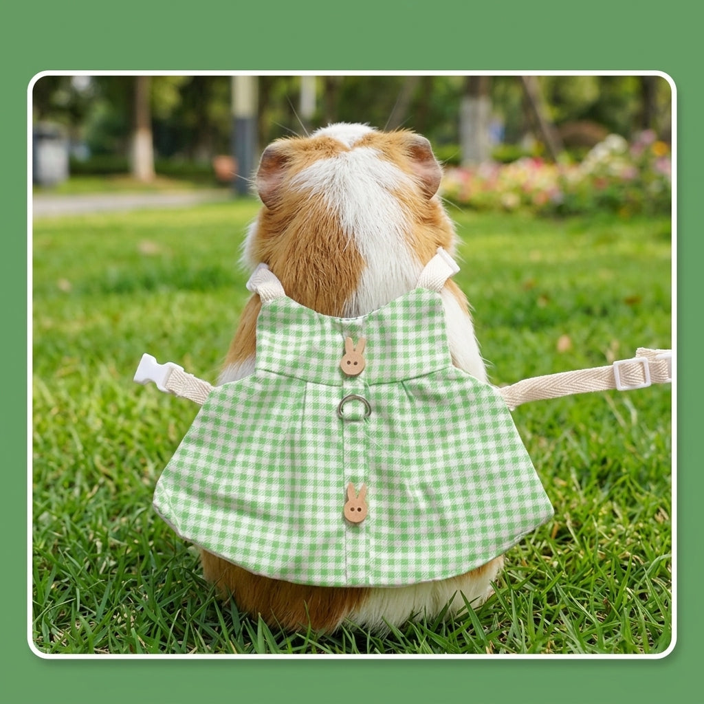 Bunny Costume Pet Clothes Full Body Outfit including Harness Set, Plaid Farmer Pet Costume for Photography, Japanese Korean Style Walking Gear