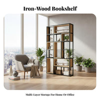 Metal and Wood Bookcase Thickened Steel Frame Room Divider Shelving Unit Sturdy Construction Multi-Tier Shelf Unit for Office