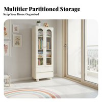 Fluted Glass Door Cabinet Cream Design Design Glass Door Storage Cabinet Ball-Shaped Feet Bookcase for Collectors, Homeowners, Living Room