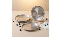 4 Pieces Polished Silver Round Snack Plate Triangular Stand Stainless Steel Plate Shatterproof Metal Storage Rack Reusable