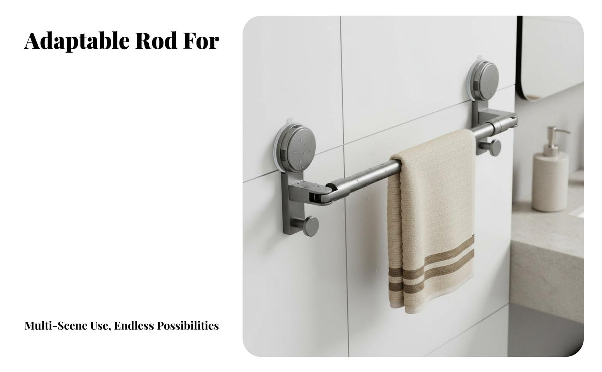 Drillno-Drill Installation Extendable Suction Cup Rod Adjustable Length Towel Holder Waterproof Bathroom Fixture Multi-Purpose for Renters, Homeowners, Families, Laundry Room, Kitchen, Closet, Window Frame