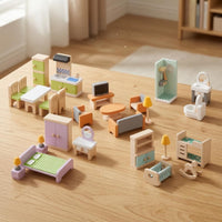 Pastel Miniature Wooden Furniture Set Smooth Wooden Dollhouse Furniture Rounded Edges Dollhouse Accessories Block-Like