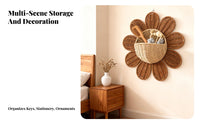 Nordic Design Flower Shaped Wall Basket Handwoven Daisy Wall Decor Multi-Functional Woven Rattan Storage Basket Space Saving for Children, Entryway, Bathroom, Nursery