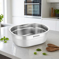 Rice Washer and Strainer Bowl Set, Stainless Steel Oval Washing Basin and Deepened Flat Bottom Rice Strainer for Pasta Spaghetti, 2 Piece Kit