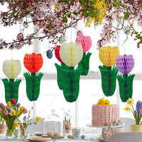 Tulip Honeycomb Decoration 3D Tissue Paper Spring Flower Ornament White & Green Hanging Decor for Easter, Wedding & Garden Party