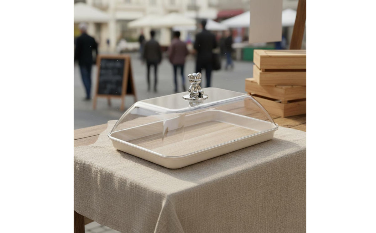Rectangular Tray with Clear Lid Versatile Food Display Platter with Cover Decorative Handle Pastry Storage Box for Market Stalls, Buffets, Parties
