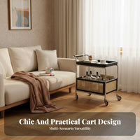Easy to Move Wooden Trolley with Rattan Basket Multifunctional Vintage Mobile Side Table Space-Saving 2-Tier Rolling Cart Large Capacity for Home Entertainers, Apartment Dwellers, Homeowners, Living Room, Bedroom, Art Studio