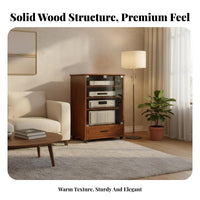 Heat Dissipation Design Wooden Amplifier Cabinet Heavy-Duty Construction Stereo Cabinet with Wheels Adjustable Shelves Solid Wood Media Stand for Audiophiles, Studio, Conference Room