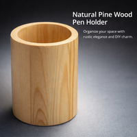 Desk Organizer for Home Office, Wooden Pencil Cup for Children, Round Pine Wood Stationery Holder for