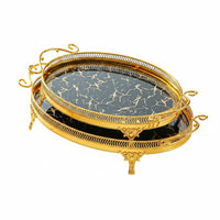 Openwork Rim Oval Metal Serving Tray Curled Handles Gold Oval Tray Marble-Like Pattern Home Accessory Patterned Border for Tabletop Display