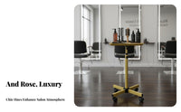 Golden Finish Wheeled Service Tray Rolling Wheels Adjustable Tray Stand Sturdy Construction Salon Equipment Easy to Clean for Hairstylists, Hair Stylists Artists, Barbershop, Beauty Spa, Medical Facility, Home Use