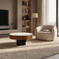 2 Pieces Light Luxury Design Wood and Stone Coffee Table Set Multi-Material Round Coffee Table Set for Lounge Area