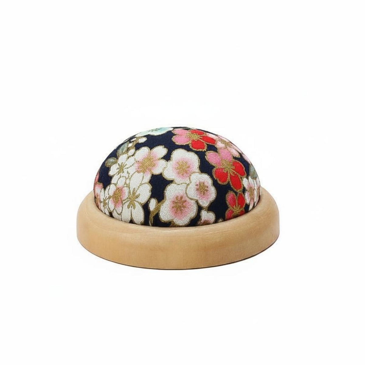 Floral Print Wooden Base Pincushion Decorative Textile Dome Needle Cushion Round Sewing Pin Cushion for Sewers, Craft Table