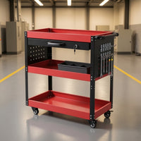 Stable Three-Tier Tool Cart with Drawer Customizable Mobile Service Cart with Pegboard Secure Rolling Workshop Organizer Vertical for DIY Enthusiasts, Repair Station