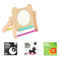 Wooden Mirror with Cards Educational Bear Mirror Toy Foldable Compact for Babies, Tummy Time, Nursery