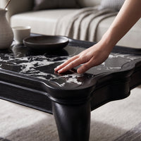 Coffee Table with Marble-Look Traditional-Aesthetic Top-Style Low Coffee Table Curved-Leg Furniture for Living Room, Sitting Area, Reading Corner
