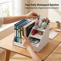 Desktop File Organizer Rack with Storage Box, Stackable Document Holder for Office Workers, Vertical Filing System for Workspace Organization