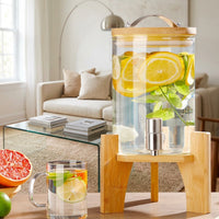 Glass Water Dispenser with Wood Stand, Large Cold Water Dispenser with Stainless Steel Tap, Ice Crackle Pattern Glass Dispenser for Home Bar Use