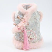Pet Princess Dress with Hood, Ruffled Layered Small Dog Skirt, Warm Thick Pet Clothing and Cat Dress with Tassel Bow Autumn Dog Clothes