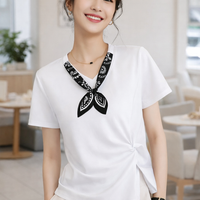 Womens Shirts with V-Neckline and Short Sleeves, Ribbed Ladies T with Concealing Design
