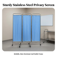 Foldable Stainless Steel Medical Facility Screen Locking Casters Folding Medical Screen Heavy-Duty Frame Mobile Hospital Divider Easy to Clean for Caregivers, Salon Professionals, Beauticians, Doctor's Office, Examination Room, Nursing Home, Bedroom