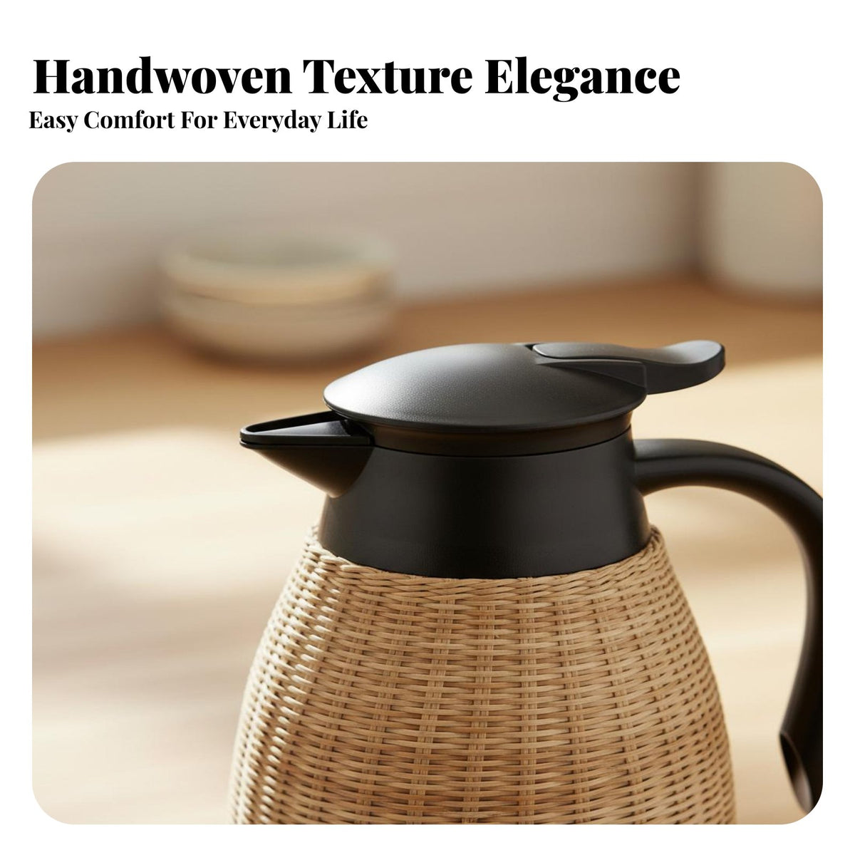 Double Wall Vacuum Insulation Insulated Rattan Design Pitcher Single-Push Button Bamboo Woven Thermal Pitcher Large Capacity for Hosts, Home