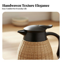 Double Wall Vacuum Insulation Insulated Rattan Design Pitcher Single-Push Button Bamboo Woven Thermal Pitcher Large Capacity for Hosts, Home